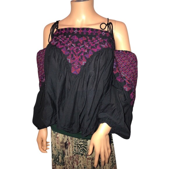 Free People Black Purple Open Shoulder Long Sleeve Top/Blouse  size M - Picture 1 of 12